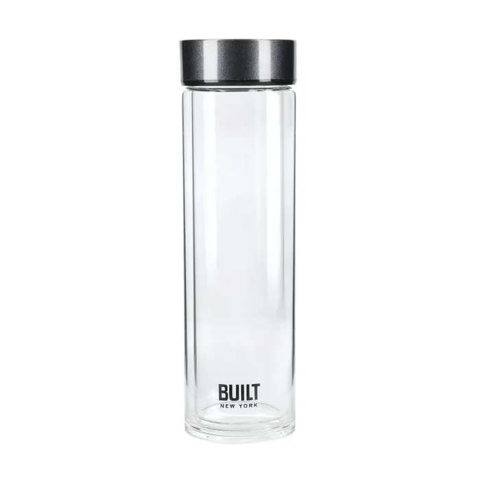 BUILT Tiempo Botella de Agua Aislante de Cristal de Borosilicato con Tapón de Acero Inoxidable y Libre de BPA 450m Efecto Carbón