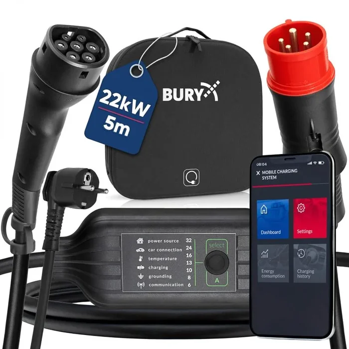 BURY® PowerFlash 9040 EV – Cable de carga móvil de 22 kW con adaptador tipo 2, Schuko, longitud aprox. 5 m, incluye funda, con soporte opcional utilizable como caja de pared, impermeable, resistente