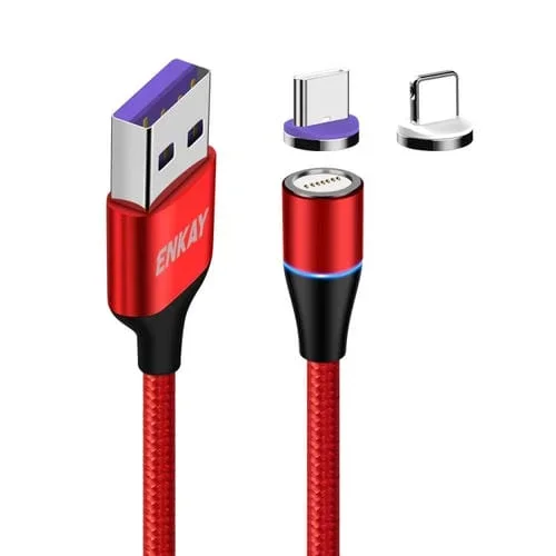 Cable 2 en 1 Enkay 5A USB A Tipo-C carga rápida magnético 8 pines luz led (Rojo) 1 m
