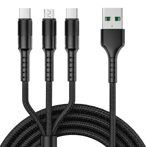 Cable 3 en 1 USB a Tipo C + Micro USB Carga y Sincronización Rápida 5A (Negro)