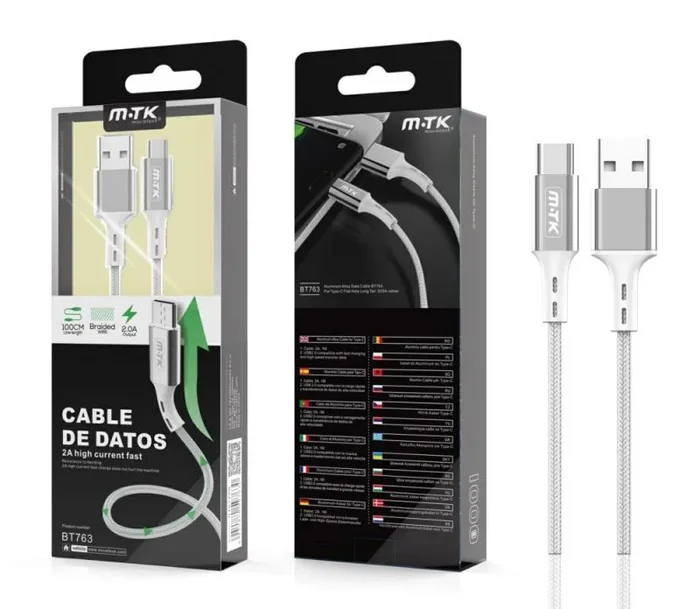 Cable datos usb 2.0 a type-c / 1m / 2.4a / aluminio / trenzado / bt763 / plata / mtk