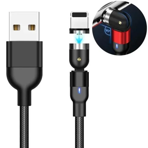 Cable de carga magnético giratorio trenzado de nailon 1 m 2A con salida USB A 8 pines (Negro)