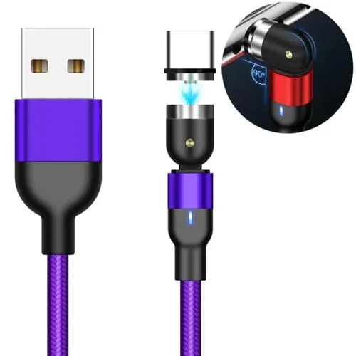 Cable de Carga Magnético Giratorio USB A a USB-C 1M 2A Trenzado de Nailon (Púrpura)