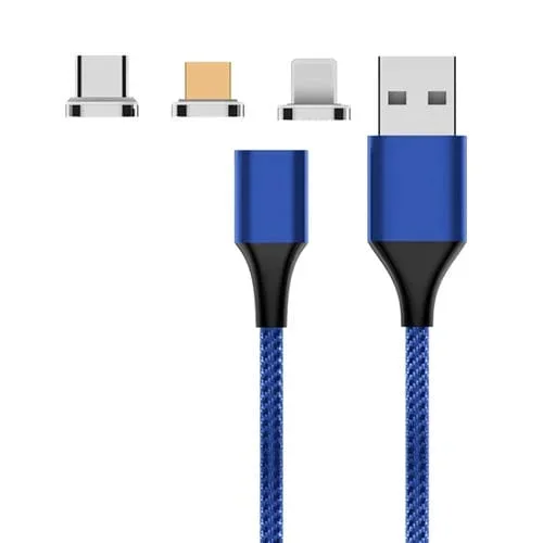 Cable de datos M11 3 en 1 Usb A 8 Pin + Micro Usb + Usb-C Magnético 3A Nylon (Azul) 1M