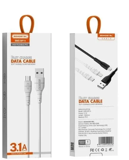 Cable somostel sms-bp14 micro 3.1a fast charging 1m white