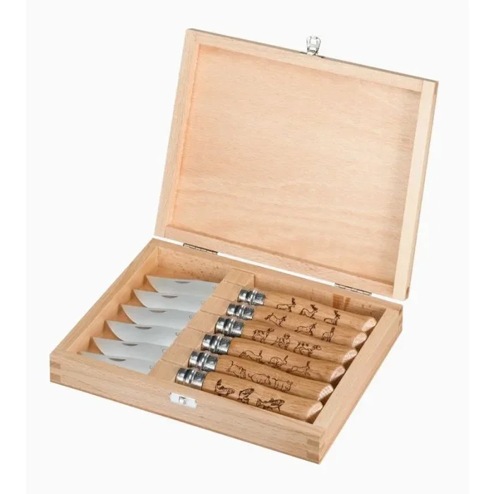 Caja de coleccionista con 6 Navajas Animalia Opinel Nº08, hoja de acero inoxidable de 8,5 cm, tamaño total 19,5 cm, 001637