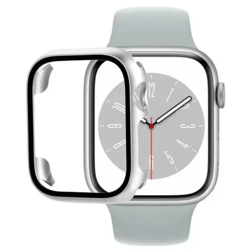 Caja de Reloj de PC con Película de Vidrio Templado para Apple Watch Series 8 y 7 45mm (Plata)