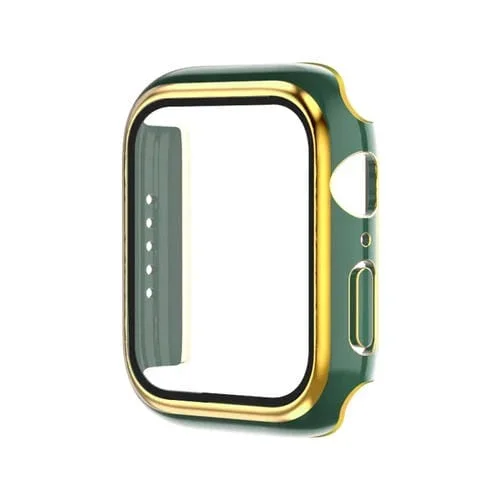 Caja de Reloj de Película Templada + PC Bicolor Galvanoplastia para Apple Watch Series 8/7 41mm (Verde + Oro)
