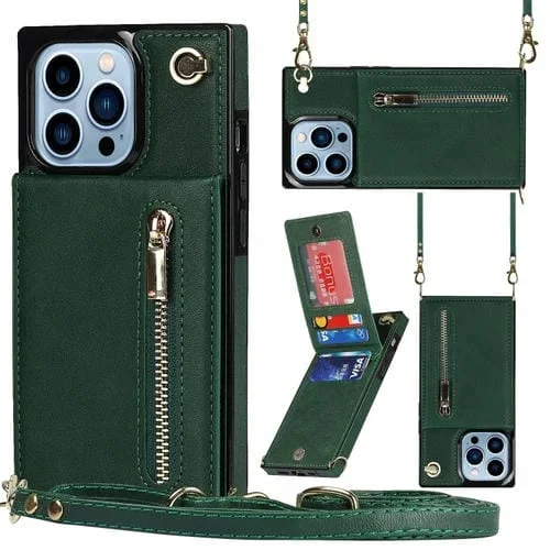 Caja de Teléfono Cuadrado con Cremallera Cruzada con Soporte para iPhone 13 Pro (Verde)