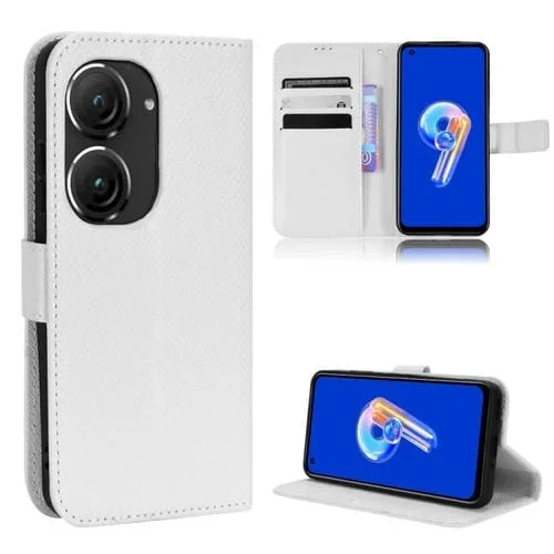 Caja de teléfono de cuero para Asus Zenfone 10 y 9 con textura de diamante (Blanco)