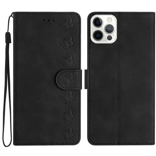 Caja de teléfono de cuero para iPhone 13 Pro Max Seven Butterflies en relieve (Negro)