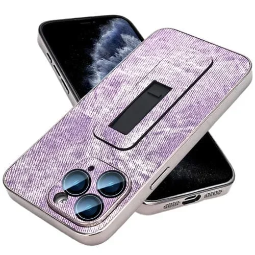 Caja de teléfono de enfriamiento para iPhone 11 Pro con soporte push-pull galvanizado y patrón de mezclilla (Rosa Púrpura)