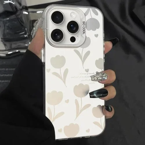 Caja de Teléfono Híbrida TPU para PC iPhone 12 Pro con Pintura Plateada (Tulipanes Huecos Blancos)