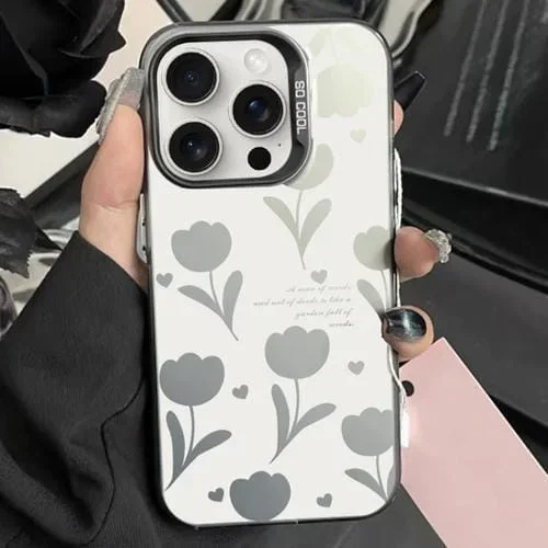 Caja de teléfono híbrida TPU PC para iPhone 14 Pro Max con pintura plateada (Tulipanes huecos negros)