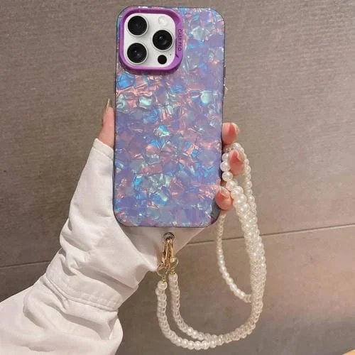 Caja de teléfono híbrida TPU y acrílico para iPhone 12 Pro con textura Shell, cadena de perlas cruzada (Púrpura)