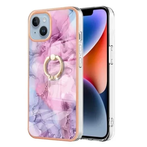 Caja de teléfono iPhone 15 Plus Imd de doble cara Mármol Galvanizado con Anillo (Rosa 013)