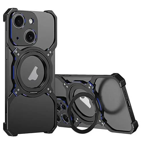 Caja de Teléfono Metal iPhone 14 con Soporte Magsafe sin Bordes y Brazo Mecánico (Negro Azul)