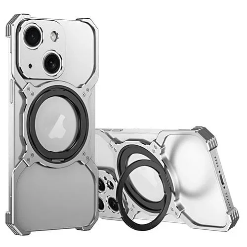 Caja de teléfono Metal para iPhone 14 con Soporte Magsafe sin Bordes y Brazo Mecánico (Plateado)