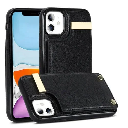 Caja de teléfono para iPhone 11 con ranuras para tarjetas y hebilla de metal (Negro)