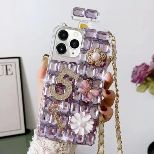 Caja de teléfono para iPhone 11 Pro Max botella de perfume cruzada PC con incrustaciones de diamantes (Púrpura)