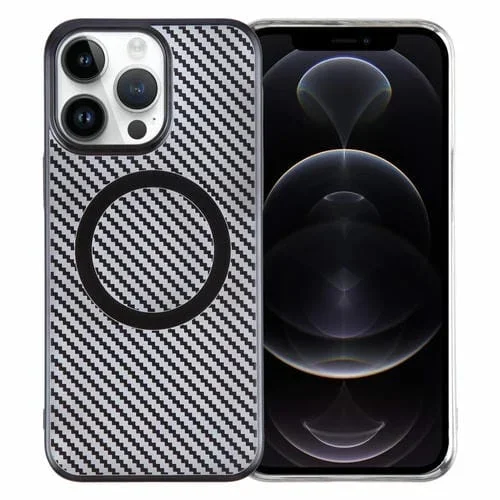 Caja de Teléfono para iPhone 12 Pro Max 6D PC Magsafe Transparente Plateada con Fibra de Carbono (Negro Estrellado)