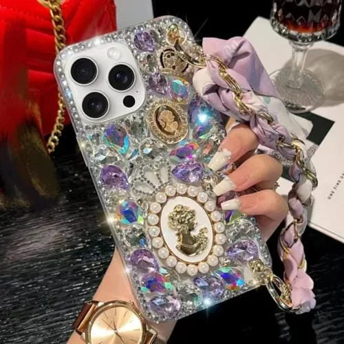 Caja de teléfono para iPhone 12 Pro PC Pulsera Bufanda Piedra Preciosa Púrpura Diamante (Blanco)