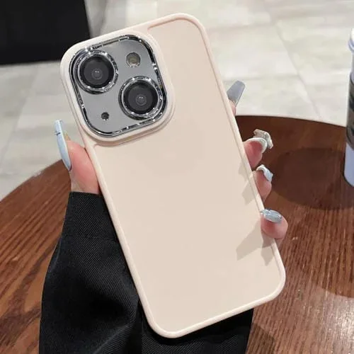 Caja de Teléfono para iPhone 14 con Marco de Lente Galvanizada y Película de Lente (Rosa Claro)
