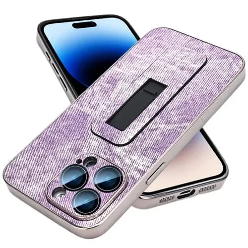 Caja de teléfono para iPhone 14 Pro Max patrón de mezclilla con enfriamiento y soporte push-pull galvanizado (Rosa Púrpura)