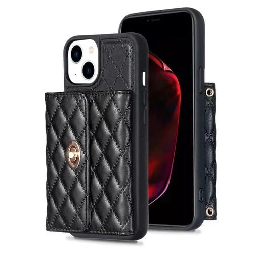 Caja de Teléfono para iPhone 14 Rombal Cuero con Hebilla de Metal Horizontal (Negro)