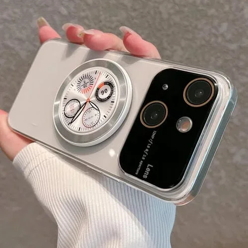 Caja de teléfono para iPhone 15 PC con soporte y ventana grande galvanizada (Transparente)