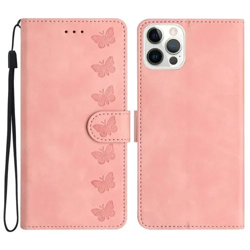 Caja de Teléfono para iPhone 15 Pro Seven Butterflies Cuero En Relieve (Rosa)