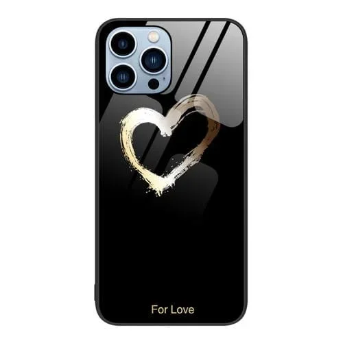 Caja de Teléfono para iPhone 15 Pro Vidrio Pintado Colorido (Amor Negro)