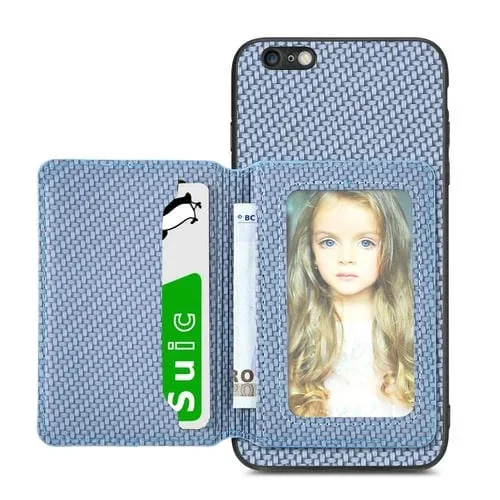 Caja de Teléfono para iPhone 6 Plus 6S Plus con Bolsa de Tarjeta Magnética Fibra de Carbono (Azul)