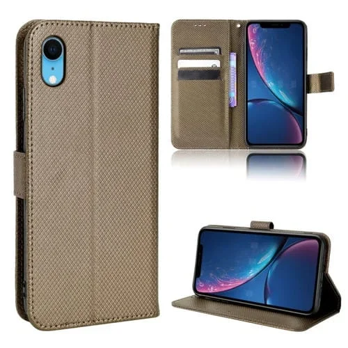 Caja de Teléfono para iPhone Xr Cuero con Textura de Diamante (Marrón)