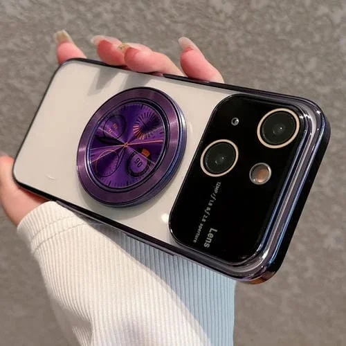 Caja de teléfono para PC iPhone 14 con soporte ventana grande galvanizada (Púrpura)