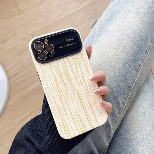 Caja de teléfono TPU Grano de Madera para iPhone 13 Pro Max con Película de Lente (Beige)