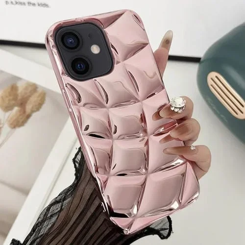 Caja de teléfono TPU iPhone 12 con pintura metálica chapada en cuadros curvos (Rosa)