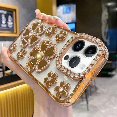 Caja de Teléfono TPU para iPhone 12 Pro Max con Diamantes y Flores Galvanoplastia (Dorado)
