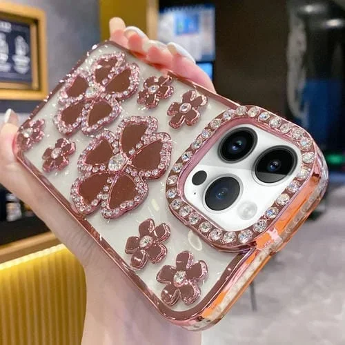 Caja de teléfono TPU para iPhone 13 Pro Max con Diamantes y Flores Galvanoplastia (Rosa)