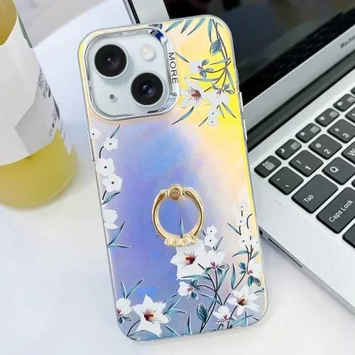 Caja de teléfono TPU para iPhone 15 con soporte de anillo flor láser galvanoplastia (Morning Glory Ah16)