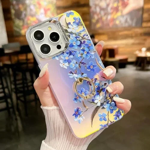 Caja de teléfono TPU para iPhone 15 Pro con soporte de anillo y flor láser de galvanoplastia (Myosotis Ah2)