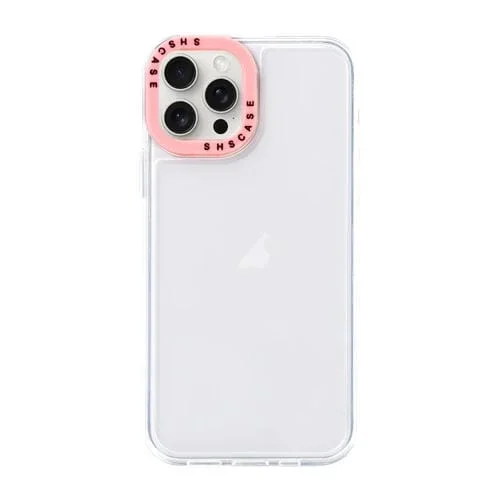 Caja de Teléfono TPU para iPhone 15 Pro Max con Marco de Lente Contraste (Transparente + Rosa Claro)