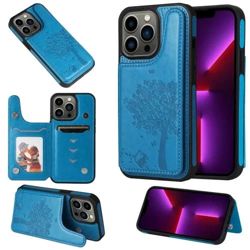 Caja del Teléfono a Prueba de Golpes Patrón Estampado Árbol de Gato para iPhone 13 Pro (Azul)
