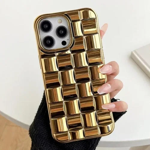 Caja del teléfono para iPhone 12 Pro Max 3D Cube Weave textura galvanoplastia (Oro)
