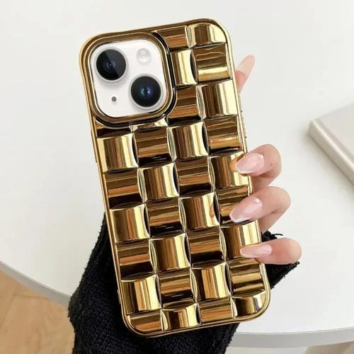 Caja del Teléfono para iPhone 14 3D Cube Weave Textura Galvanoplastia (Oro)