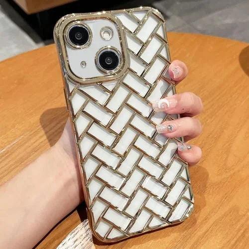 Caja del Teléfono para iPhone 14 Woven Grid 3D Galvanoplastia Grabado Láser (Oro)
