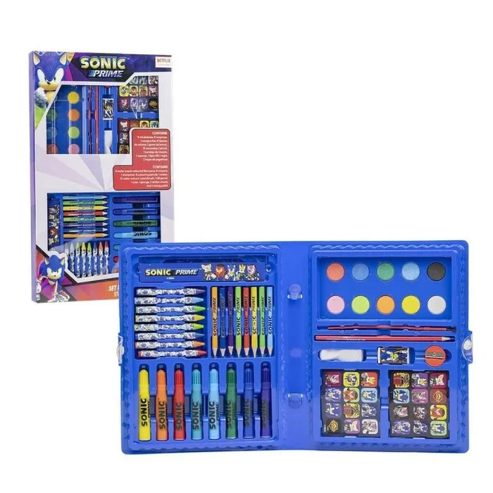 Caja para Colorear de Sonic-Incluye Rotuladores y Lapiceros de Colores, Acuarelas y Pegatinas-Regla-Kit de Material Escolar