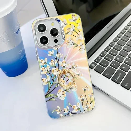 Caja para iPhone 13 Pro TPU Galvanoplastia Láser Flor Anillo Titular (Pear Blossom Ah17)