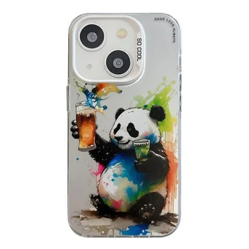 Caja para teléfono iPhone 15 Plus PC + TPU con patrón de animales pintura al óleo (Panda)