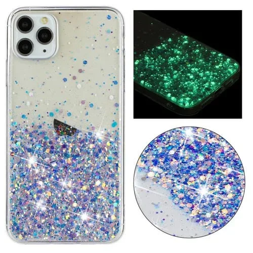 Caja teléfono TPU iPhone 11 Pro Max con Polvo brillo Noctilucente marco Transparente (Púrpura)